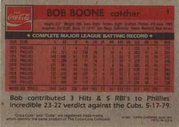 1981 Topps Coca-Cola Philadelphia Phillies #1 Bob Boone Back