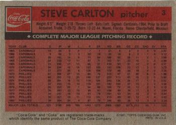 1981 Topps Coca-Cola Philadelphia Phillies #3 Steve Carlton Back