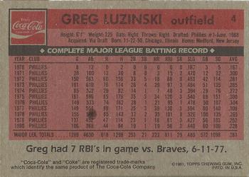1981 Topps Coca-Cola Philadelphia Phillies #4 Greg Luzinski Back