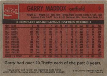 1981 Topps Coca-Cola Philadelphia Phillies #5 Garry Maddox Back
