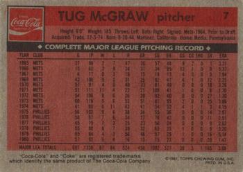 1981 Topps Coca-Cola Philadelphia Phillies #7 Tug McGraw Back