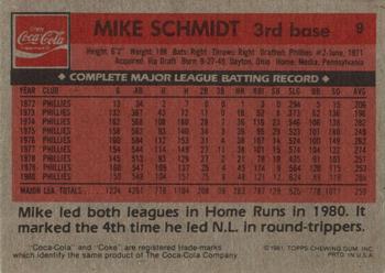 1981 Topps Coca-Cola Philadelphia Phillies #9 Mike Schmidt Back