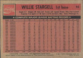 1981 Topps Coca-Cola Pittsburgh Pirates #10 Willie Stargell  Back