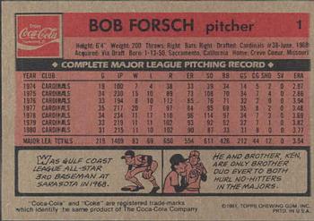 1981 Topps Coca-Cola St. Louis Cardinals #1 Bob Forsch  Back