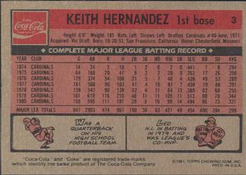 1981 Topps Coca-Cola St. Louis Cardinals #3 Keith Hernandez  Back