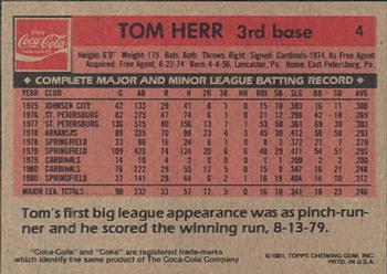 1981 Topps Coca-Cola St. Louis Cardinals #4 Tom Herr  Back