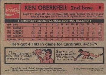 1981 Topps Coca-Cola St. Louis Cardinals #6 Ken Oberkfell  Back