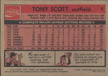 1981 Topps Coca-Cola St. Louis Cardinals #8 Tony Scott  Back