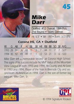 1994 Signature Rookies Draft Picks - Signatures #45 Mike Darr Back