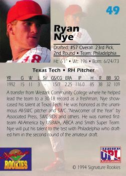 1994 Signature Rookies Draft Picks - Signatures #49 Ryan Nye Back