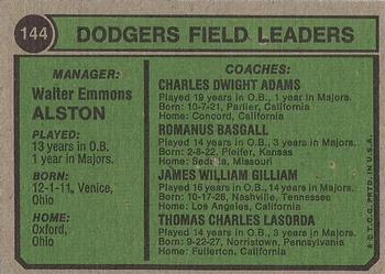 1974 Topps #144 Dodgers Field Leaders (Walter Alston / Tom Lasorda / Jim Gilliam / Red Adams / Monty Basgall) Back