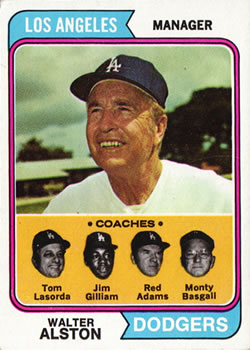 1974 Topps #144 Dodgers Field Leaders (Walter Alston / Tom Lasorda / Jim Gilliam / Red Adams / Monty Basgall) Front