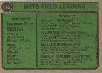 1974 Topps #179 Mets Field Leaders (Yogi Berra / Joe Pignatano / Rube Walker / Eddie Yost / Roy McMillan) Back