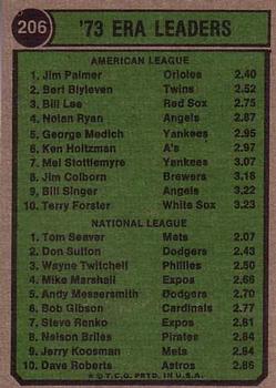 1974 Topps #206 1973 Earned Run Average Leaders (Jim Palmer / Tom Seaver) Back