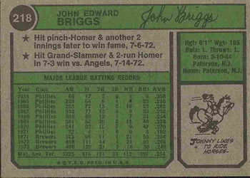 1974 Topps #218 Johnny Briggs Back