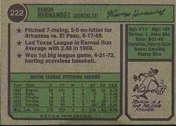 1974 Topps #222 Ramon Hernandez Back