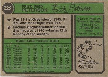 1974 Topps #229 Fritz Peterson Back