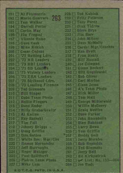 1974 Topps #263 Checklist 133-264 Back