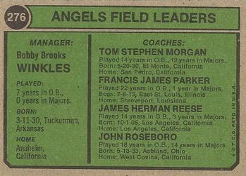 1974 Topps #276 Angels Field Leaders (Bobby Winkles / John Roseboro / Salty Parker / Tom Morgan / Jimmie Reese) Back