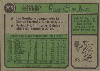 1974 Topps #296 Ray Corbin Back