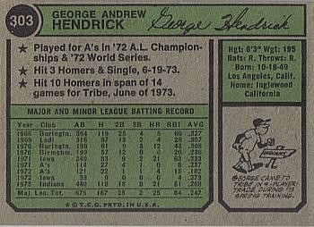 1974 Topps #303 George Hendrick Back