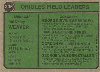 1974 Topps #306 Orioles Field Leaders (Earl Weaver / Jim Frey / George Bamberger / Billy Hunter / George Staller) Back