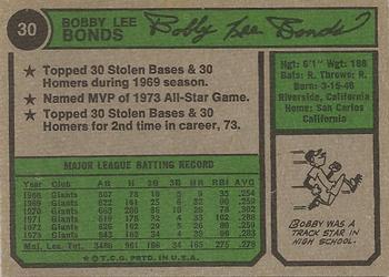 1974 Topps #30 Bobby Bonds Back