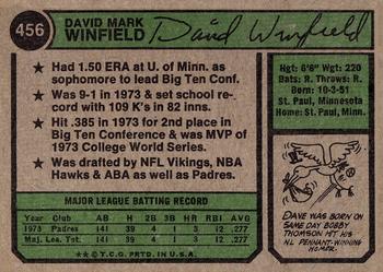 1974 Topps #456 Dave Winfield Back