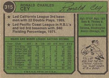 1974 Topps #315 Ron Cey Back