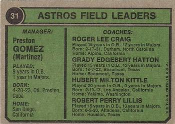 1974 Topps #31 Astros Field Leaders (Preston Gomez / Roger Craig / Hub Kittle / Grady Hatton / Bob Lillis) Back
