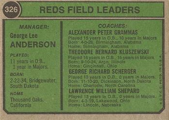 1974 Topps #326 Reds Field Leaders (Sparky Anderson / Larry Shepard / George Scherger / Ted Kluszewski / Alex Grammas) Back