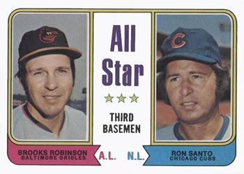 1974 Topps #334 All-Star Third Basemen (Brooks Robinson / Ron Santo) Front