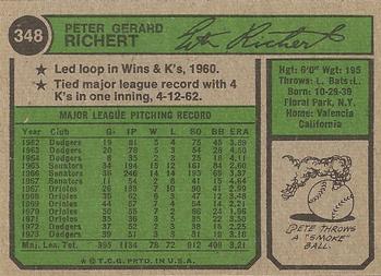 1974 Topps #348 Pete Richert Back