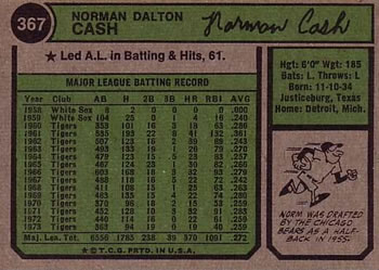 1974 Topps #367 Norm Cash Back