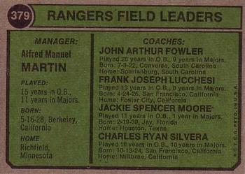 1974 Topps #379 Rangers Field Leaders (Billy Martin / Frank Lucchesi / Art Fowler / Charlie Silvera / Jackie Moore) Back