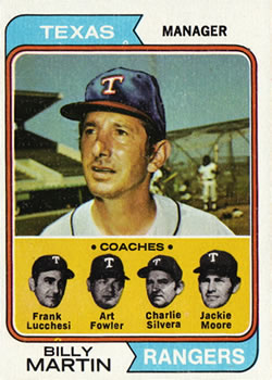 1974 Topps #379 Rangers Field Leaders (Billy Martin / Frank Lucchesi / Art Fowler / Charlie Silvera / Jackie Moore) Front