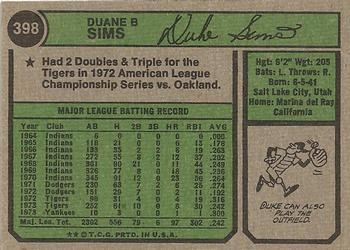 1974 Topps #398 Duke Sims Back