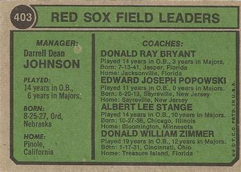 1974 Topps #403 Red Sox Field Leaders (Darrell Johnson / Eddie Popowski / Lee Stange / Don Zimmer / Don Bryant) Back