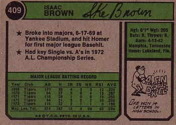 1974 Topps #409 Ike Brown Back
