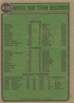 1974 Topps #416 Chicago White Sox Back