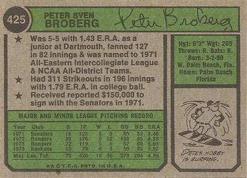 1974 Topps #425 Pete Broberg Back