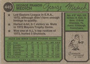 1974 Topps #445 George Medich Back