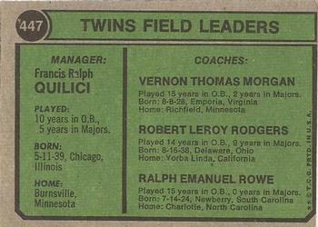 1974 Topps #447 Twins Field Leaders (Frank Quilici / Ralph Rowe / Vern Morgan / Bob Rodgers) Back