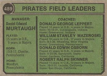 1974 Topps #489 Pirates Field Leaders (Danny Murtaugh / Don Osborn / Bill Mazeroski / Don Leppert / Bob Skinner) Back