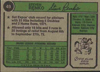 1974 Topps #49 Steve Renko Back