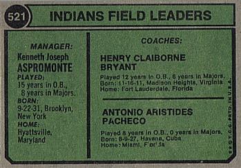1974 Topps #521 Indians Field Leaders (Ken Aspromonte / Clay Bryant / Tony Pacheco) Back
