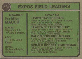 1974 Topps #531 Expos Field Leaders (Gene Mauch / Larry Doby / Jerry Zimmerman / Dave Bristol / Cal McLish) Back
