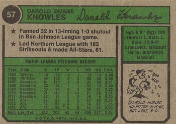 1974 Topps #57 Darold Knowles Back