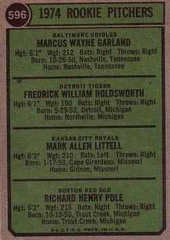 1974 Topps #596 1974 Rookie Pitchers (Wayne Garland / Fred Holdsworth / Mark Littell / Dick Pole) Back