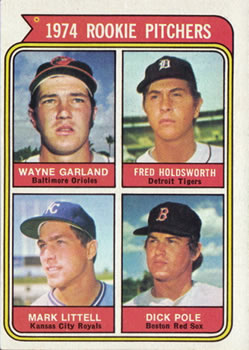 1974 Topps #596 1974 Rookie Pitchers (Wayne Garland / Fred Holdsworth / Mark Littell / Dick Pole) Front